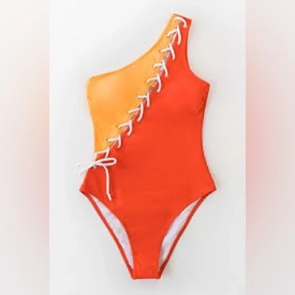 Colorblock One Shoulder Lace Up One Piece Monokini Swimsuit Size L